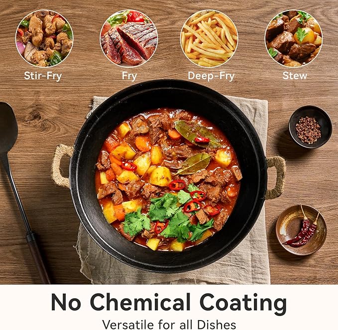 WANGYUANJI Handmade Cast Iron Wok 14.2 inch Large Woks Stir-Fry Pans with Dual Handle,Fry Pan Suitable for Induction, Electric, Gas, Halogen All Stoves-Black,Uncoated Craft Pot Healthy Cooking Wok