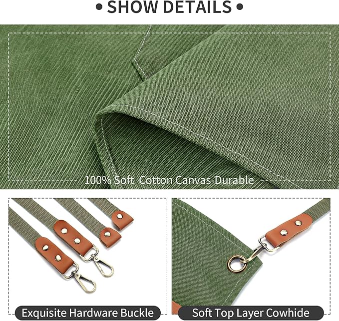 ZOMAO Cotton Canvas Cross Back Apron for Men and Women,Chef Apron With Adjustable Strap and Large Pockets,Kitchen Cooking Baking Bib Heavy Duty Work Apron(Army green)