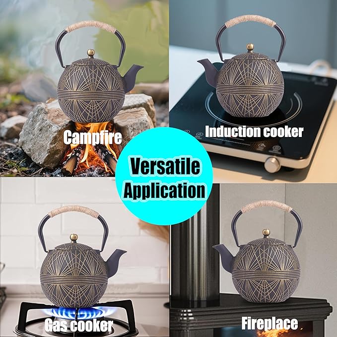 Enameled Cast Iron Teapot 34oz（1000ml） - Japanese Style Kettle with Removable Stainless Infuser & Ergonomic Handle, Stovetop Safe for Loose Leaf Tea Green and silver (Black Gold)
