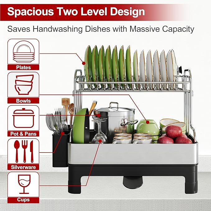 Extra Large Two Tier Stainless Steel Dish Drainer Drying Rack with Drainboard for Kitchen Counter, Modern Black and Silver, Rust Proof Metal, Space Saving Double Countertop Big Plates Dryer and Tray