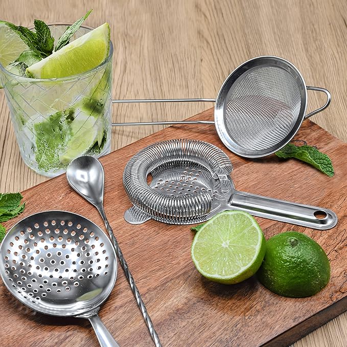 Cocktail Strainer Set Stainless Steel Bar Tools with Stirring Spoon - Hawthorne, Julep, Fine-Mesh and Jigger for Drinks