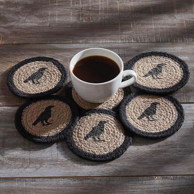 VHC Brands Raven Harvest Stencil Braided Cotton Coaster Set of 6, Decorative Fall Coasters, Table Decor for Fall Thanksgiving and Halloween