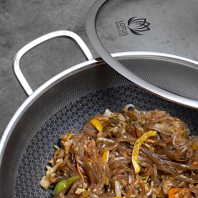 Hybrid Wok Pan, Nonstick, PFOA Free 12 Inch Induction Wok With Lid, Dishwasher Safe Cooking Pan For All Cooktops, Stainless Steel Cookware, Woks & Stir-Fry Pans, Bonus Bamboo Dish Brush