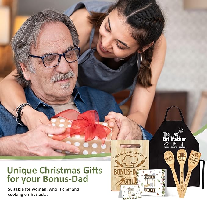 Bonus Dad Gifts, Christmas Bonus Dad Gifts from Kids, Bonusdad from Bonus Daughter Wooden Cutting Board Utensils with Apron, Great Bonusdad Father's Day Birthday Kitchen
