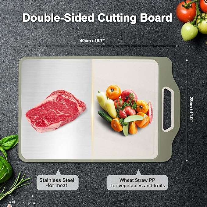 VOCOSTE Double-Sided Stainless Steel Cutting Board, Hygienic Kitchen Board for Meat, Fruits & Vegetables, Dishwasher Safe, Families with Children and Elderly, Green