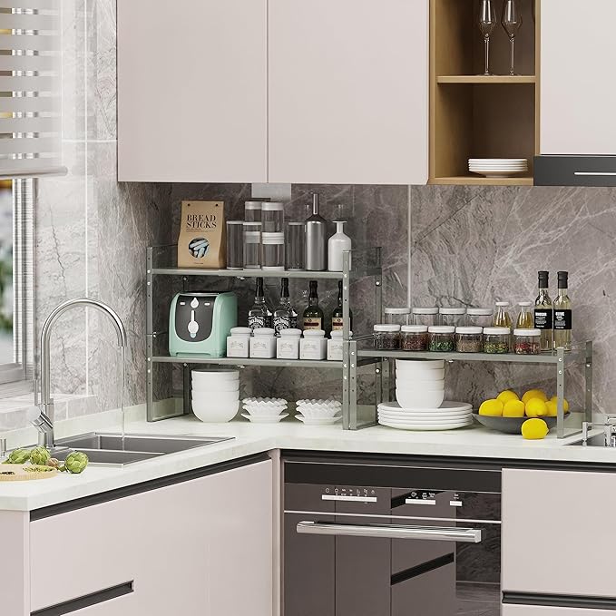 Expandable Stackable Spice Rack Cabinet Shelf Organizer in Cabinets Shelves Kitchen Cupboard Organization Stack up Racks Pantry Countertop Storage (Gray, Medium 2 Packs)