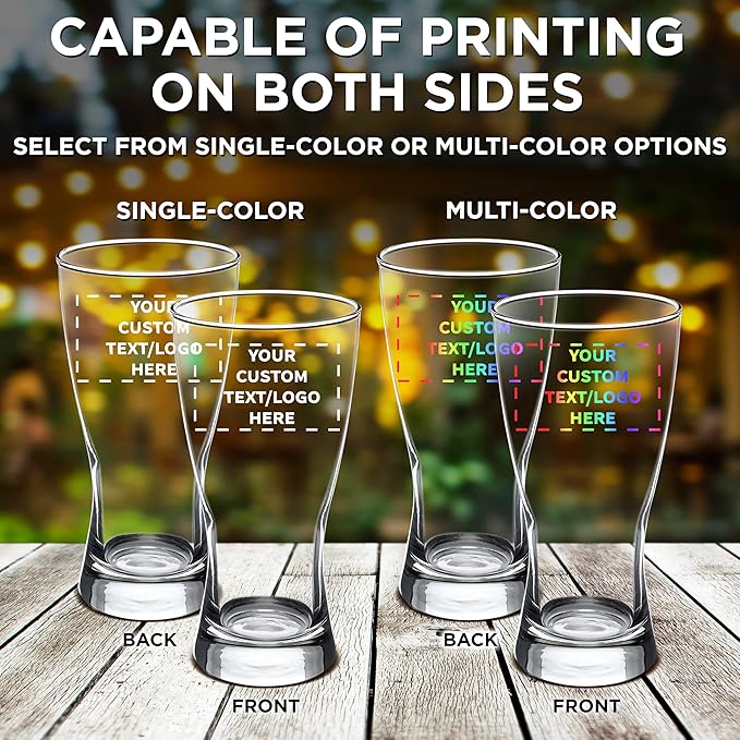 Custom Pilsner Glasses 13.25 oz. Set of 12, Personalized Bulk Pack - Made in the USA, Perfect for Hotels, Restaurants, Bars and Even Party Favors - Clear