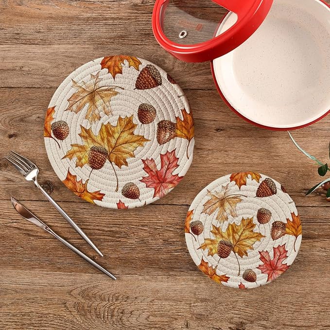 Maple Leaves Acorns Kitchen Trivets Pot Holders Set of 2, Trivets for Hot Pots Dishes Woven Trivet Coaster Pad Mat for Counter