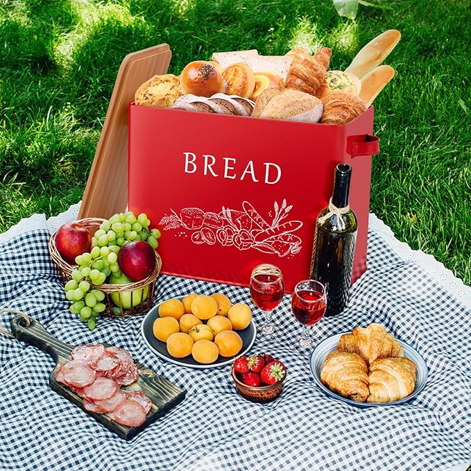 P&P CHEF Bread Box for Kitchen Counter, Metal Bread Storage Bin with Wooden Cutting Lid, Large Capacity for Holding 2+ Loaves, Retro Modern Style, Size 13” x 7.2” x 9.7”, Red