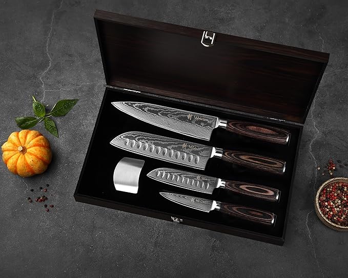 Wakoli EDIB Essentials 4-Piece Damascus Knife Set – Professional Kitchen Knives with VG10 Core, 67-Layer Damascus Steel Blades – Santoku, Chef, Small Santoku & Office Knife with Pakkawood Handles