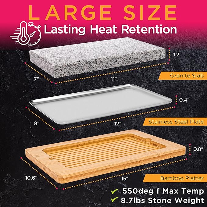 NutriChef Sizzle Hot Cooking Stone Grill with Bamboo Platter, Tabletop Granite Stone Grill with Non-Slip Handles, Adjustable Temperature Control, 550°F Max Heat - Perfect for Meats and Vegetables