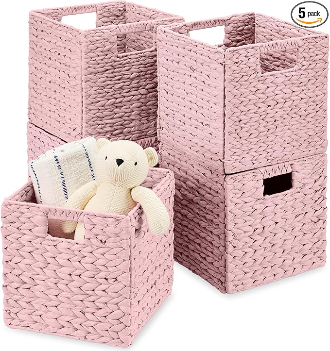 Best Choice Products 10.5x10.5in Pack of 5 Cube Storage Baskets, Water Hyacinth Multipurpose Collapsible Organizers, Handwoven Toy Storage Totes for Kids Room, Nursery & Living Room - Pink