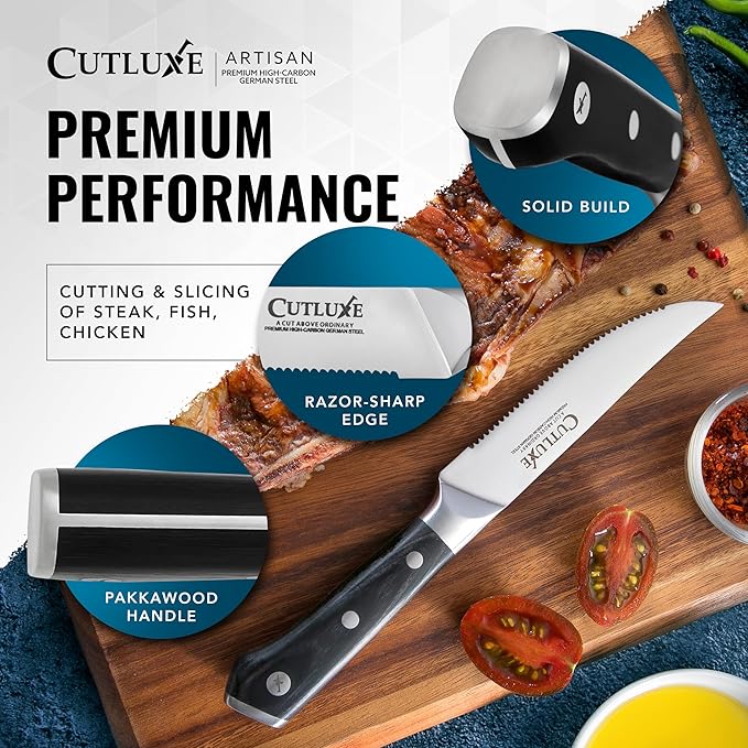 Cutluxe Steak Knives Set of 8, Serrated Steak Knives – Forged High Carbon German Steel, Full Tang, Ergonomic Handle Design – Artisan Series