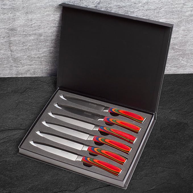 Totally Bamboo Baltique Marrakesh Collection Kitchen Steak Knives Set of 6, 5-Inch Stainless Steel Serrated Knife Set with Colorful Wooden Handles for Cutting Meat
