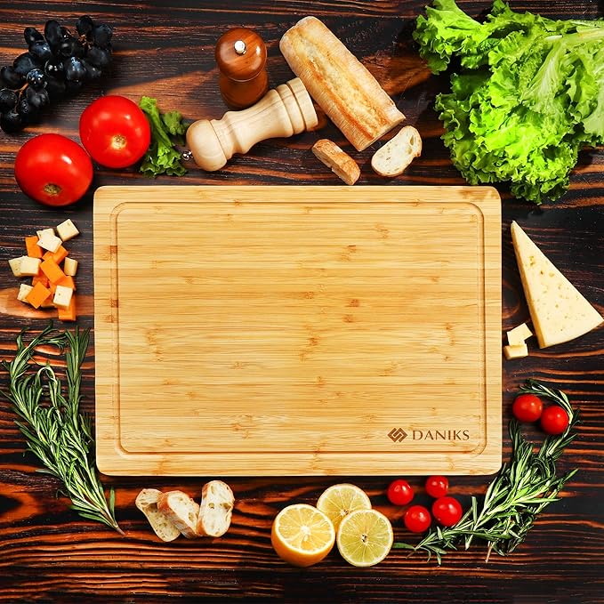 Daniks Bamboo Cutting Board, L 13x9 in, Pre‑Oiled, with Juice Groove – Cutting Board for Kitchen, Meal Prep, Serving & Charcuterie, Heavy-Duty