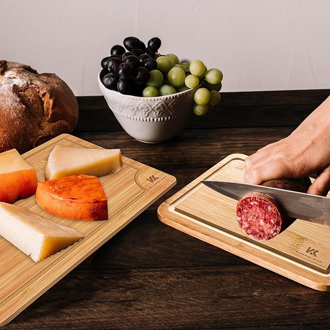 Wood Cutting Boards for Kitchen-Bamboo Cutting Board Set of 3, with Juice Grooves, Thick Chopping Board handles., Large, Natural