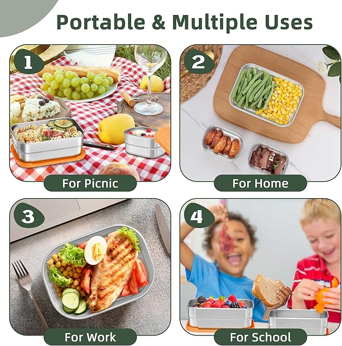 HaWare 8oz*2+25oz Stainless Steel Lunch Containers, Leak Proof Food Storage Snack Containers with Silicone Lids, Portable Sandwich Containers, Easy Open Bento Lunch Box for School Daycare
