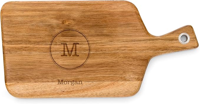 Weddingstar Personalized Wooden Paddle Cutting Board or Serving Board With Handle 13.5" x 6.5"- Circle Monogram Etching