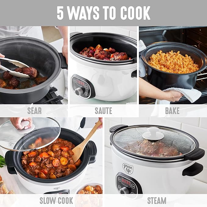 GreenLife 8QT Slow Cooker, Non-Toxic PFAS-Free Ceramic Nonstick Removable Interior Bowl, Programmable, Family Friendly, Keep Warm, Stovetop & Oven Safe, Dishwasher Safe Crock, Timer, Glass Lid, White