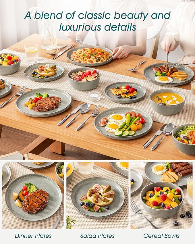 vancasso ANYA 24 Pieces Plates and Bowls Set, Stone Grey Dinnerware Sets, Reactive Glaze Dishes Set for 8, Ceramic Dishware Sets Kitchen Dinner Set, Microwave & Dishwasher Safe