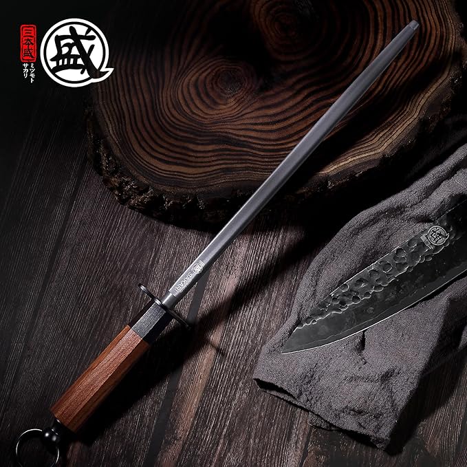 MITSUMOTO SAKARI 12 Inch Knife Sharpener Rod, Round Knife Honing Rod, High Carbon Honing Steel