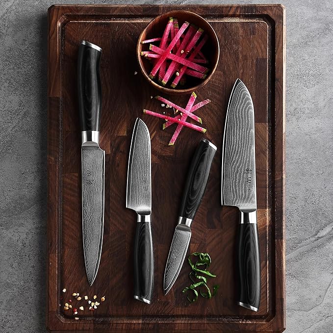 Wakoli Mikata 4-Piece Damascus Knife Set – Professional Kitchen Knife Set with VG10 Core, 67-Layer Damascus Steel and Ergonomic Micarta Handles – Premium Kitchen Knives in Gift Box