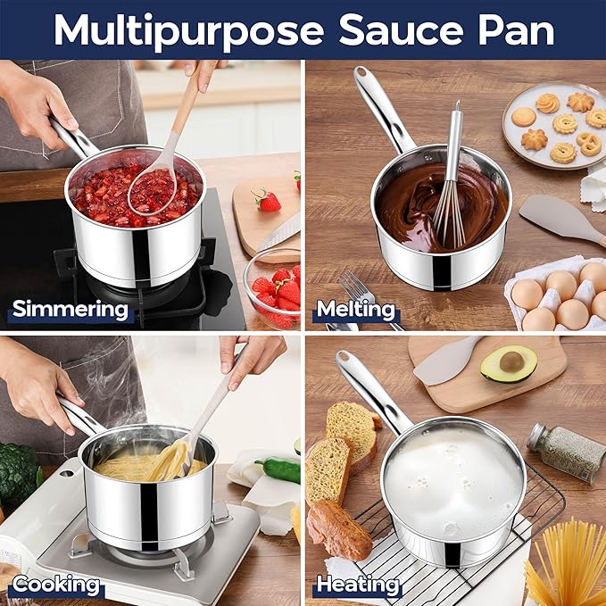 LIANYU 2QT & 3QT Saucepan with Tempered Glass Lid, Stainless Steel Small Sauce Pan Cooking Pot Set, Tri-Ply Bottom Versatile Sauce Pot for Kitchen, Oven & Dishwasher Safe