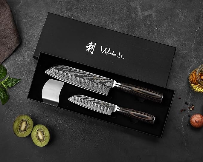 Wakoli EDIB 2-Piece Damascus Kitchen Knife Set – Santoku & Small Santoku with VG10 Core made of 67-Layer Damascus Steel Blades – Professional Chef Knives with Ergonomic Pakkawood Handles in Gift Box