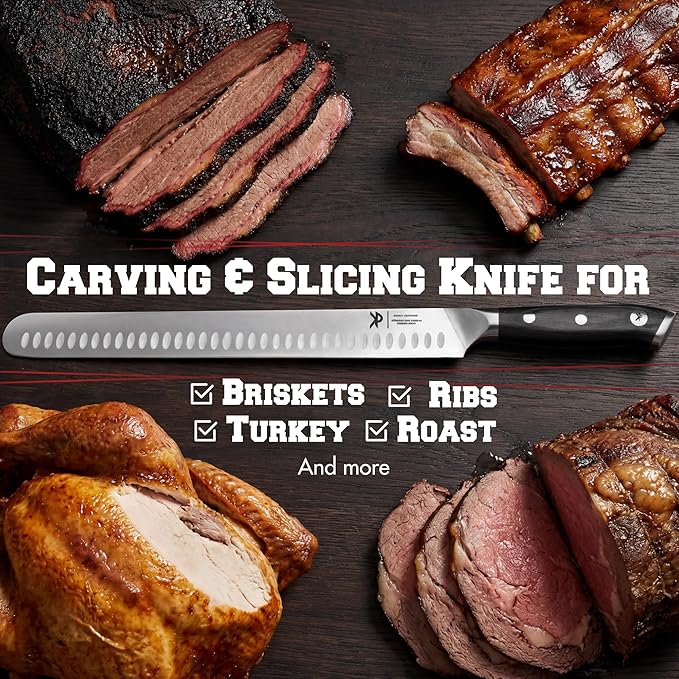Kitchen perfection 12” Brisket Knife for Carving & Slicing Meat - Ultra Sharp Premium German Steel Granton Edge with Sheath, Full Tang Ergonomic Handle.For BBQ, Turkey & Ribs- Grilling Gifts for Men