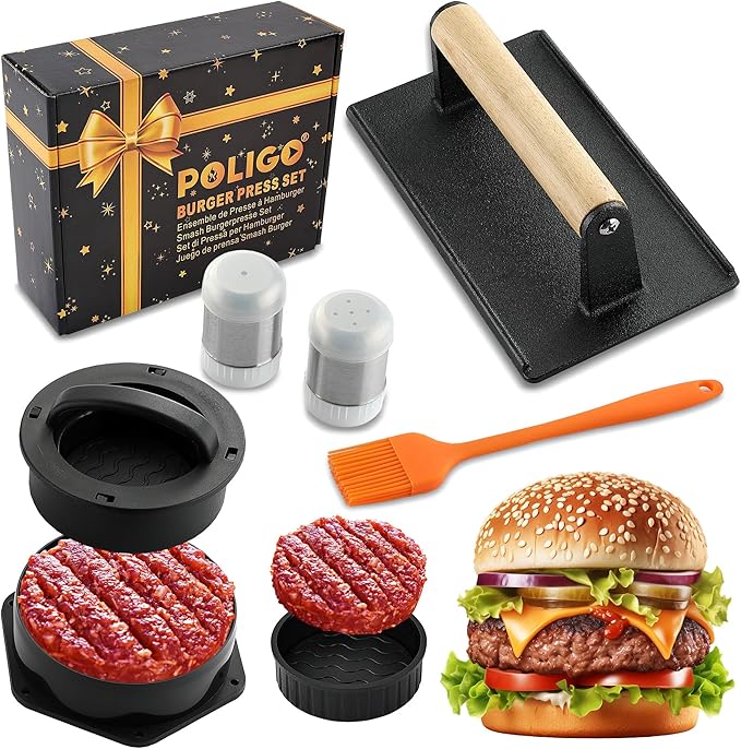 POLIGO 5PCS Smash Burger Press Kit - 4 in 1 Hamburger Patty Storage Containers,7.68"X4.1" Rectangle Cast Iron Smash Bacon Press- Non Stick Smash Burger Press Set for Grill and Griddle Cooking
