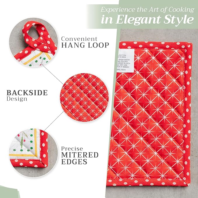 Maison d' Hermine Pot Holders Set 100% Cotton Heat Resistant Potholders 8" x 8" Hot Pads with Loop for Thanksgiving Christmas Decorations Baking Handling Hot Pans (Pack of 2, Poinsettia Christmas)