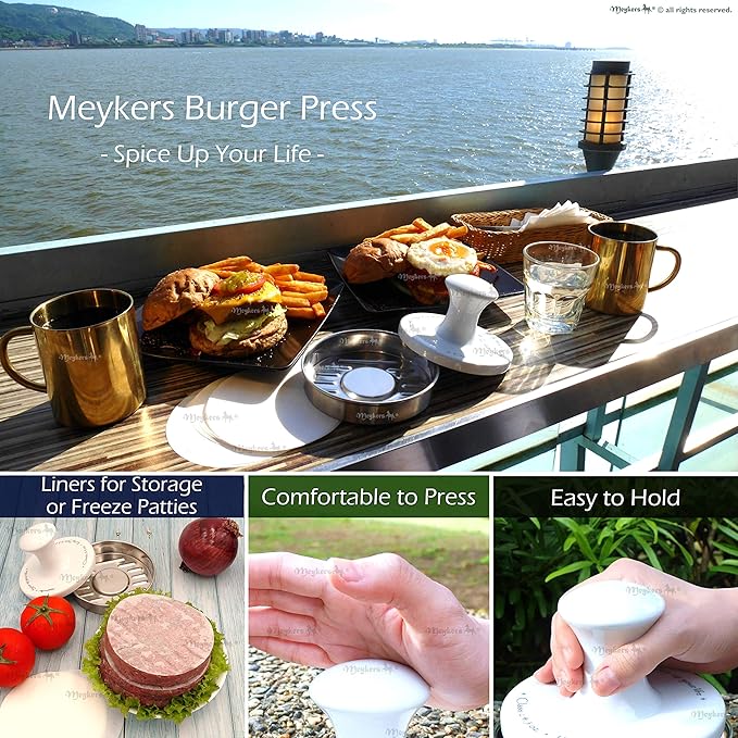 Meykers Burger Press 5" Hamburger Press Patty Maker | Patty Press Burger Mold Ring | with 100 Patty Papers | Porcelain Smasher Stainless Steel Shaper Smash for Meat Beyond Veggie Turkey Vegan Beef
