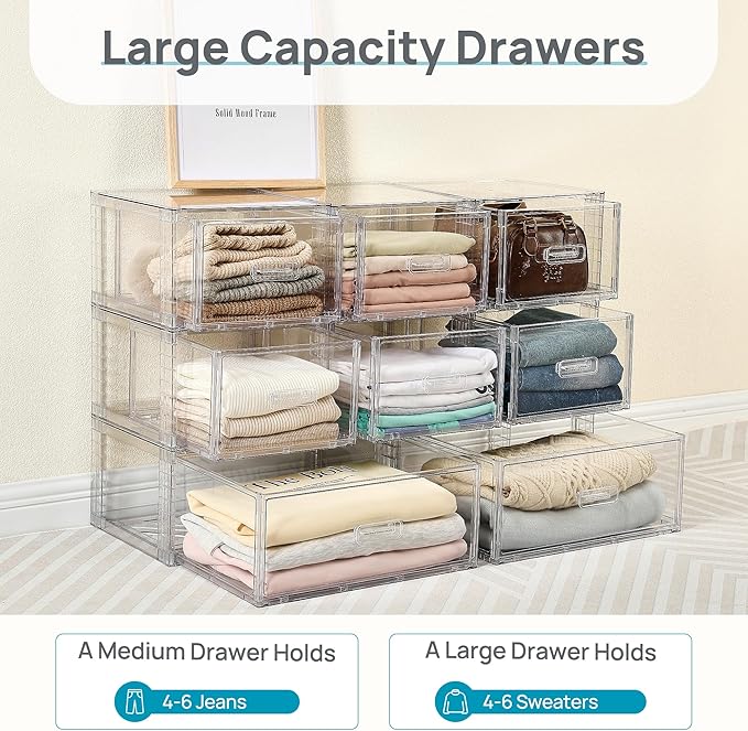 Vtopmart 8-Piece Large & Medium Stackable Drawer Organizer Set, 162QT Clear Storage Cabinet with Easy Assembly, Durable Drawers for Closet, Bedroom, Entryway, Playroom & Apartment Organization