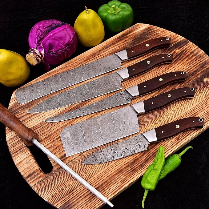 HM-(Brown) Custom Made Damascus Steel #6 Pcs of Professional Utility Kitchen knives Set Comes with Sweet Leather Roll Kit (3712)