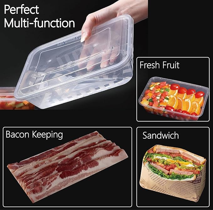 [50PK 48oz] Disposable Meal Prep Container Large For Food, Plastic Storage Containers w/Lids Freeze Microwave Safe, Clear Bento Box Stackable BPA Free Reusable