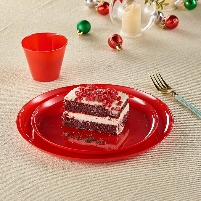 PLASTICPRO 30 Pack 10.7'' Christmass Red Plastic Party Plates Edge Collection Premium heavyweight Elegant Disposable Tableware Dishes