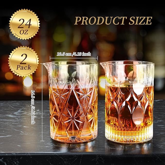 24 Oz Cocktail Mixing Glass Stirring Glasses for Whiskey Cocktail Mixing Shaker Glass Martini Old Fashioned Crystal Bar Set 700ml 2PCS (X-shape/Snowflakes)