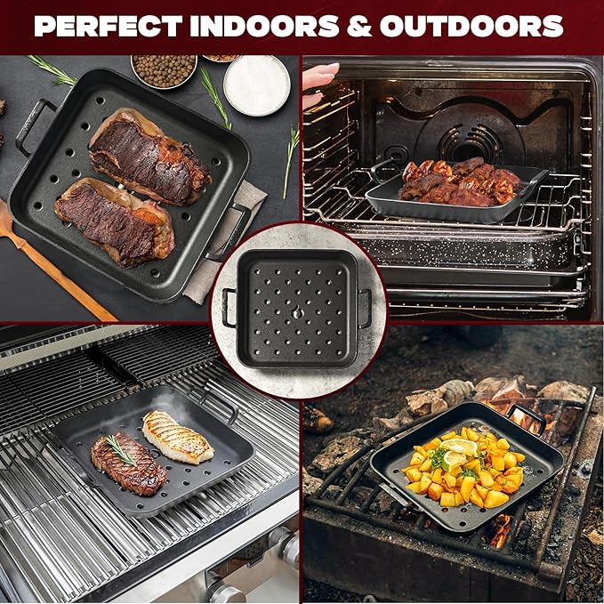 onlyfire Cast Iron Skillet, 12 Inch Pre-Seasoned Square Steak Pan with Nonstick Perforated Grill Surface and Dual Handles, Cast Iron Grill Pan Frying Pan for Grill, Oven and Stovetops