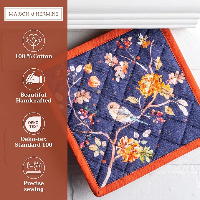 Maison d' Hermine Pot Holders Set 100% Cotton Heat Resistant Potholders 8" x 8" Hot Pads with Loop for Thanksgiving Christmas Decorations BBQ Baking Handling Hot Pans (Pack of 2, Kelim - Infinity)