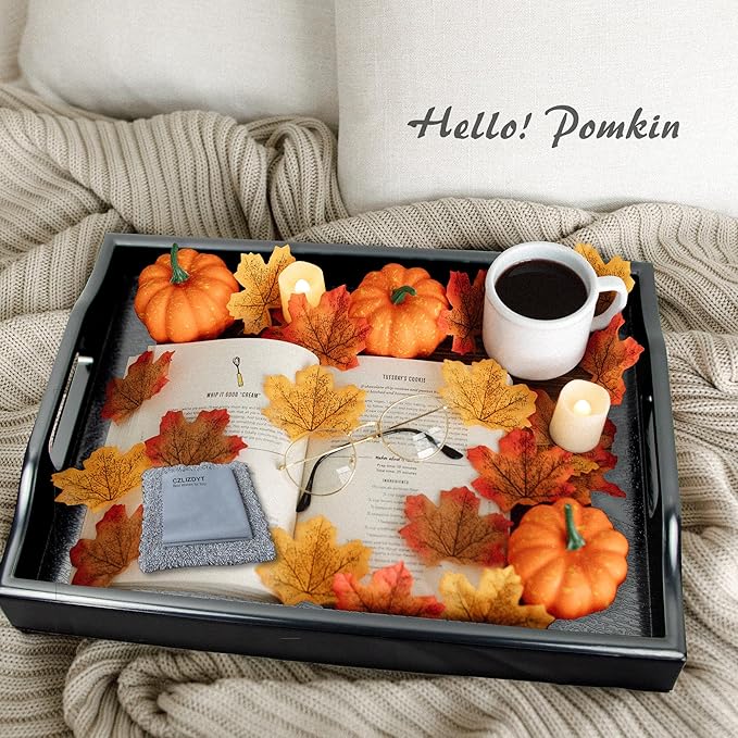 Large Black Plastic Serving Tray with Handles, Set of 2, 19+16.5'', Dishwasher Safe, Stylish, Sturdy, Shatterproof, Napkin and Cleaning Clothes Included