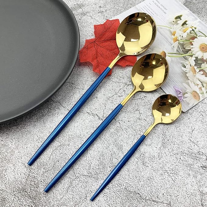 JASHII 18/10 Silver Silverware Set Stainless Steel Flatware Utensils Set Gold Cutlery Set| 36-Piece Modern Cubiertos Dorados| BEST Birthday Wedding Gift (6 sets, Blue Handle Gold Mirror Polish)