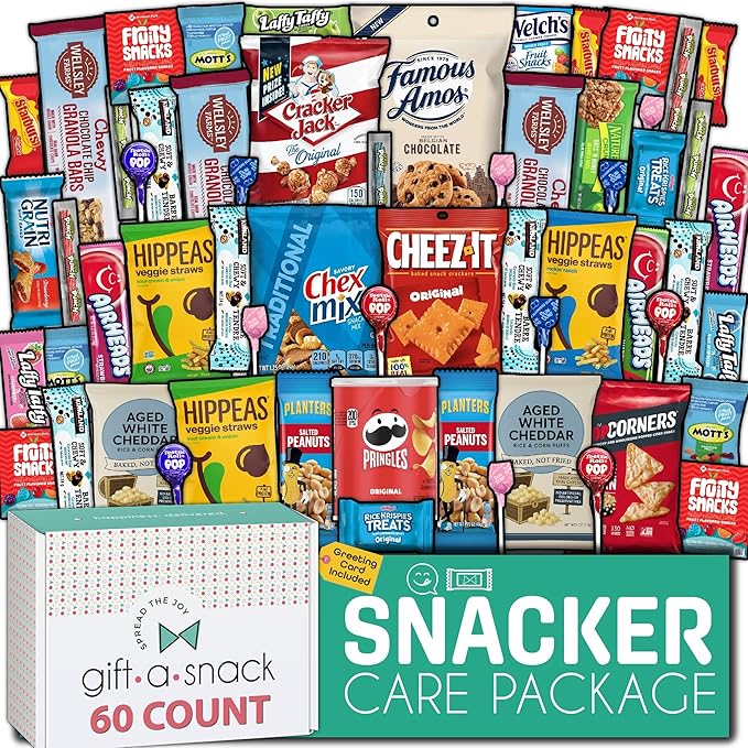Gift A Snack - Holiday Christmas Stocking Stuffers, Snack Box Variety Pack Care Package + Greeting Card (60 Count) Xmas Birthday Sweet Treats Gift Basket, Candies Chips Crackers Bars