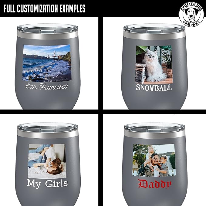 Personalized 12oz (17 Colors) Mother's Day Photo Picture Printed Insulated Stainless Steel Powder Coated Stemless Wine Tumbler with Lid, Customized Gift Idea for Her, Coach Gifts Team Mom Dad (Gray)