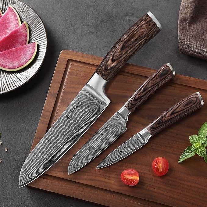 Wakoli EDIB 3-Piece Damascus Kitchen Knife Set in Wooden Gift Box – Sharp Knives Set made of Genuine Damascus Steel (VG10 Core) – Santoku, Small Santoku & Paring Knife – Ergonomic Pakkawood Handles