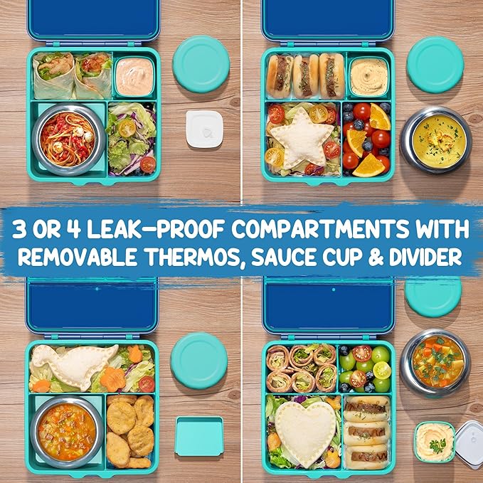 Fimibuke Kids Bento Lunch Box, Leakproof Toddler Bento Box with 8.5 OZ Insulated Food Jar, Lunch Bag, Kids Water Bottle, 3 or 4 Compartment Container for Back to School Toddler Girls Boys