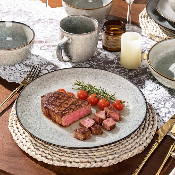 GBHOME Ceramic Dinnerware Sets for 6, 18 Pieces Stoneware Plates and Bowls Sets, Reactive Glaze Dish Set-Scratch Resistant, Dishwasher&Microwave Safe
