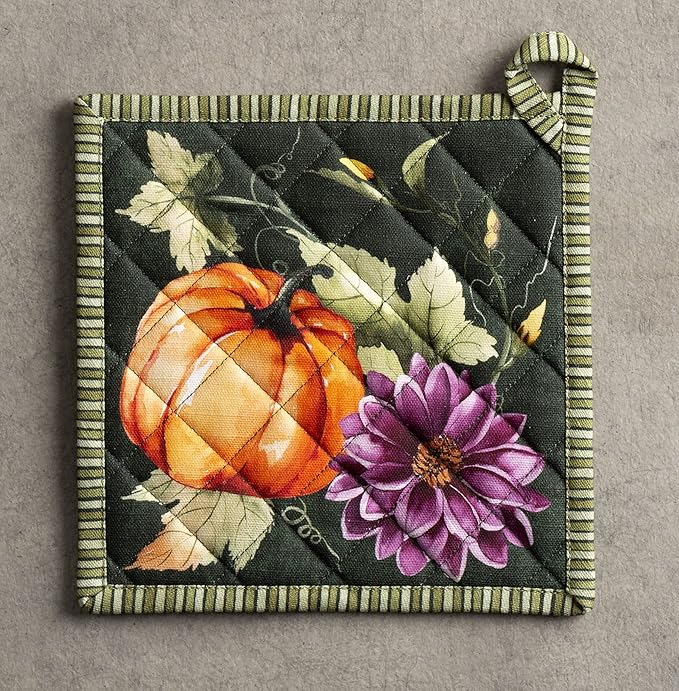 Maison d' Hermine Pot Holders 100% Cotton Heat Resistant Potholders 8" x 8" Hot Pads with Loop for Thanksgiving Christmas Decorations Baking Handling Hot Pans (Pack of 1, Pumpkin Garden - Dark Green)