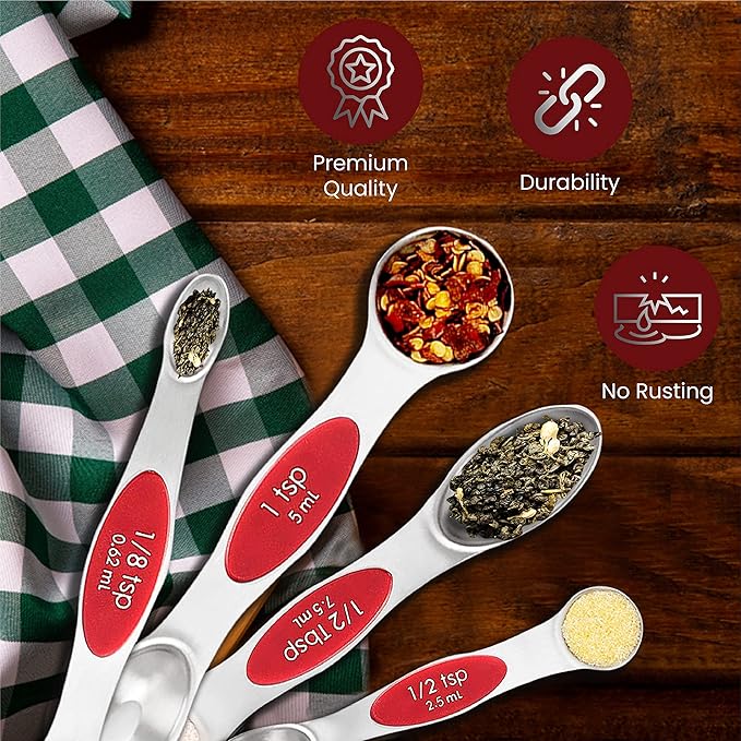 Magnetic Measuring Spoons Set of 9 Stainless Steel Dual-Sided Stackable Measuring Spoon Nesting Teaspoons Measuring Dry and Liquid Ingredients, Fits in Spice Jars Set of 9 (Red)