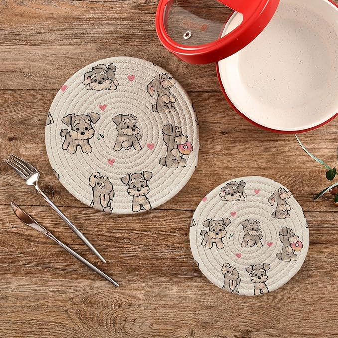 Kitchen Trivets Pot Holders Set of 2, Cute Schnauzer Hearts Trivets for Hot Pots Dishes Woven Trivet Coaster Pad Mat for Counter