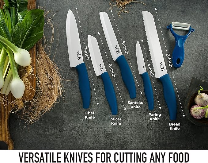 Vos Ceramic Knife with Peeler, Knives Set For Kitchen, Ultra Sharp Kitchen Knife Set with Covers, 4" 5" 6" 7" 8" Paring, Chef Knife, Santoku & 2 more, Lightweight, Dishwasher safe (Blue)